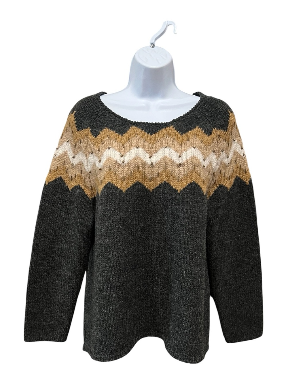 Nordic J Jill Gray/brown Beaded Chevron Fair isle Cozy Cottagecore Lg. Sweater.
